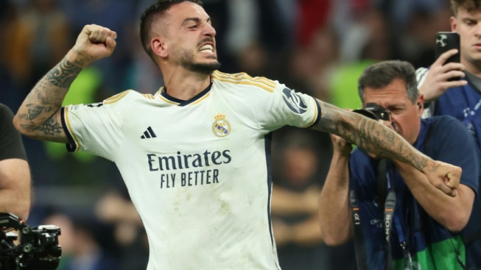 Late show: Joselu celebrates after his two late goals gave Real Madrid victory over Bayern Munich