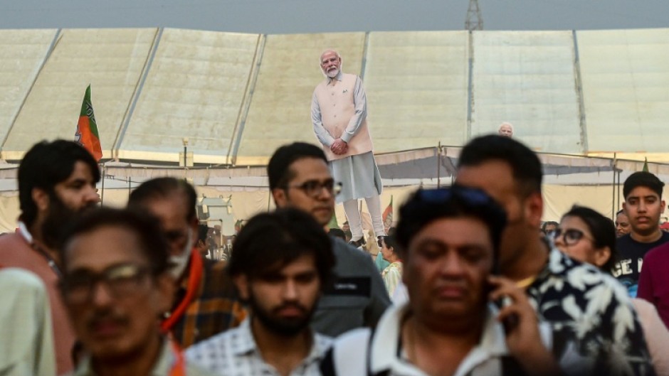 A large cut-out of India's Prime Minister Narendra Modi is pictured during an election campaign rally in Jalandhar on May 24, 2024