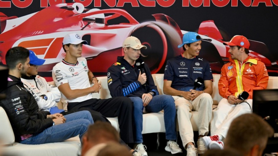 Max Verstappen (centre) at Thursday's media briefing in Monaco