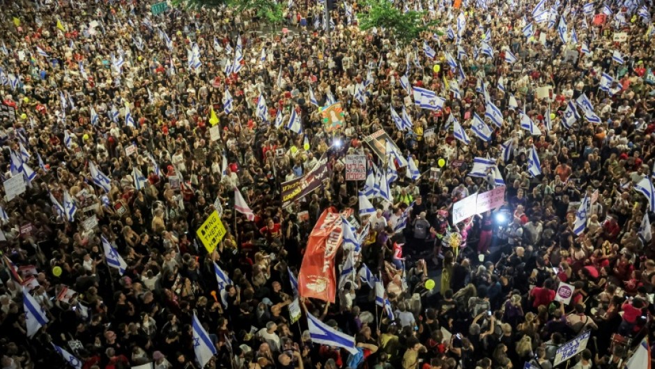Israeli anti-government protesters in Tel Aviv on July 6, 2024 during a demonstration demanding action to release the hostages taken captive by Palestinian militants in the Gaza Strip in the October 7 attacks