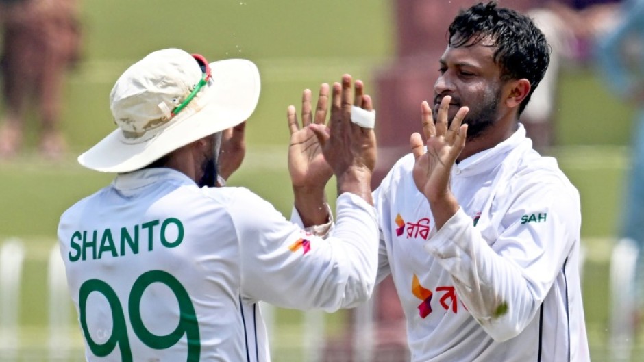 Bangladesh's Shakib Al Hasan (right) and captain Najmul Hossain Shanto during the historic first Test win against Pakistan