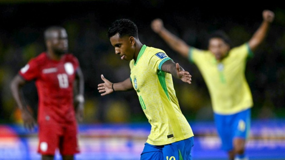 Brazil's forward Rodrygo celebrates his goal in Friday's 2026 World Cup qualifying win over Ecuador