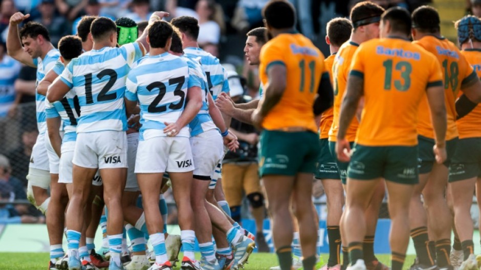 Argentina's players celebrate after scoring their fourth try against Australia in Santa Fe