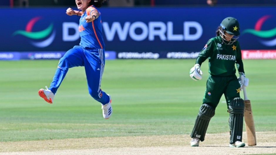 Renuka Singh (in blue) made the breakthrough for India in the first over of their T20 World Cup match against India in Dubai