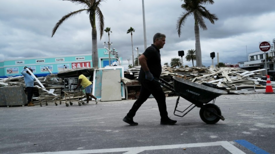 A drone image shows the dome of Tropicana Field, torn open by Hurricane Milton in St. Petersburg, Florida, on October 10, 2024