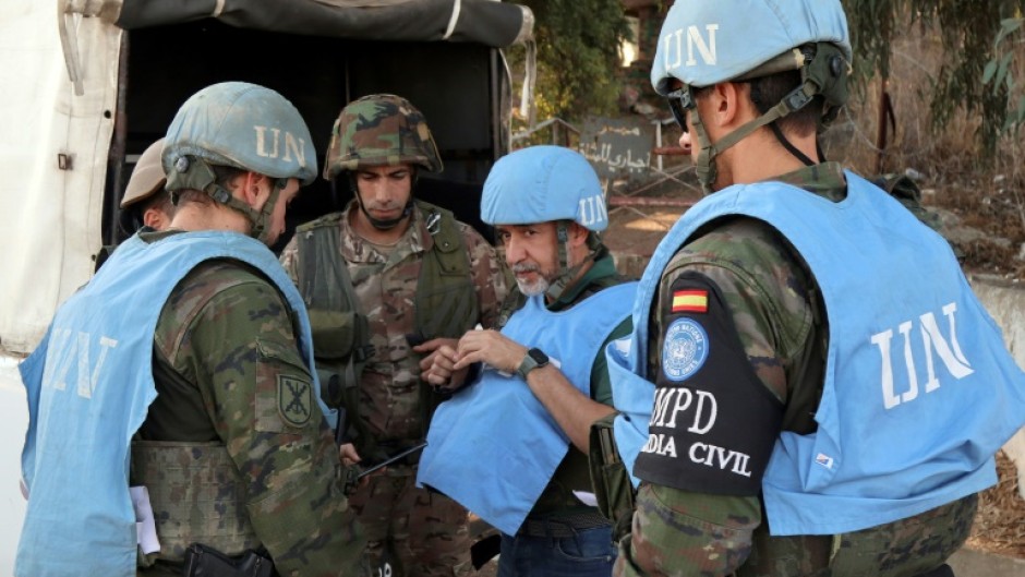 Spanish peacekeepers of the United Nations Interim Force in Lebanon (UNIFIL) coordinate with the Lebanese army in Marjayoun, south Lebanon, on October 8, 2024