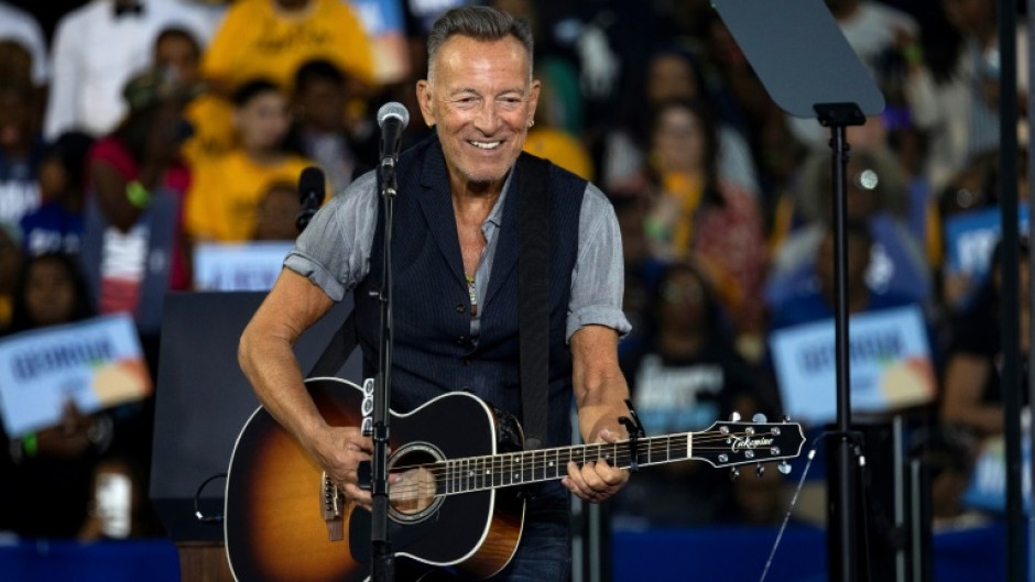 US singer-songwriter Bruce Springsteen performs during a campaign event for US Vice President and Democratic presidential candidate Kamala Harris in Georgia