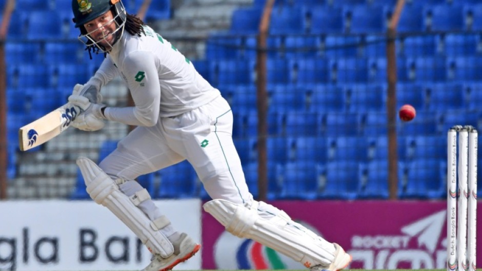 South Africa's Tony De Zorzi plays a shot on his way to 177 against Bangladesh