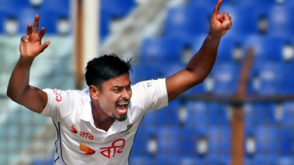 Bangladesh’s Taijul Islam unsuccessfully appeals for leg before wicket (LBW) against South Africa’s Tristan Stubbs 