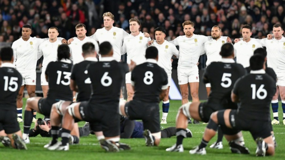 England line up to face the Haka ahead of their Test against New Zealand in Dunedin in July