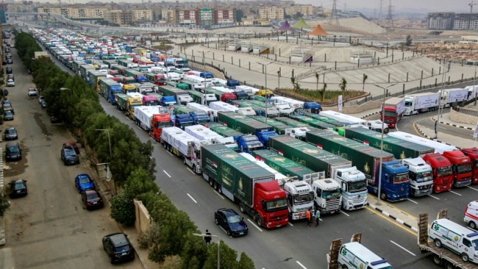 An aid convoy destined for Gaza assembles in the southern outskirts of the Egyptian capital Cairo.