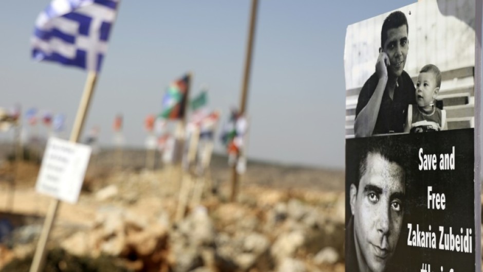A poster of Zakaria Zubeidi, in September 2021 at a protest camp near Salfit in the Israeli-occupied West Bank