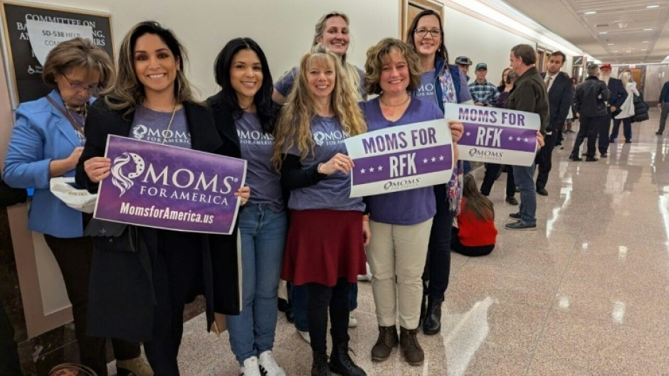 Chana Walker (3rd L) poses with members of "Moms for America" at the US Senate on Capitol Hill in Washington, DC, on January 30, 2025