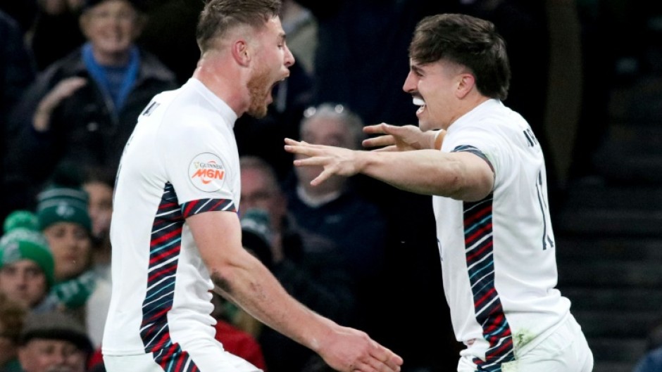 England wing Cadan Murley (right) celebrates after scoring a try during the Six Nations match against Ireland in Dublin