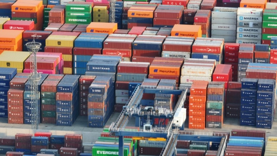 Containers awaiting export at Nanjing port in China's eastern Jiangsu province on February 4