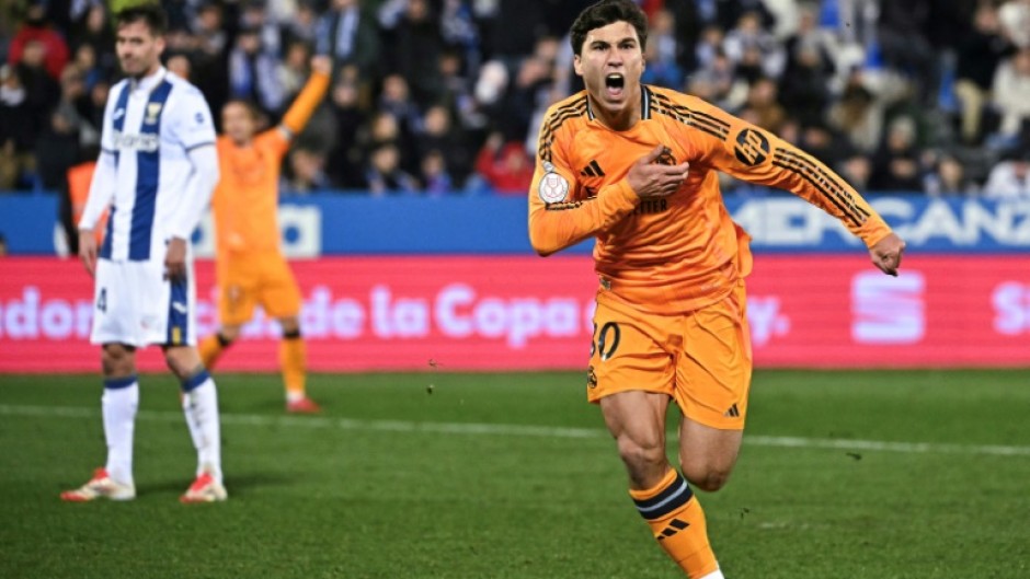 Real Madrid's Spanish forward Gonzalo Garcia celebrates scoring their third goal against Leganes