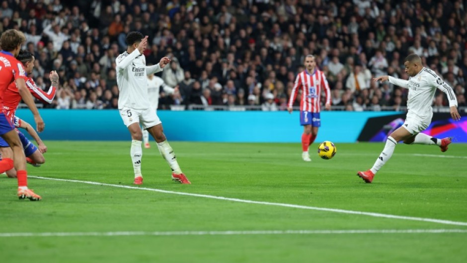Real Madrid's Kylian Mbappe levels for his side in the derby clash against Atletico Madrid