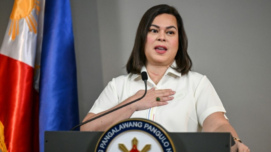 Philippine Vice President Sara Duterte gives a statement on impeachment complaints filed against her at her office in Metro Manila