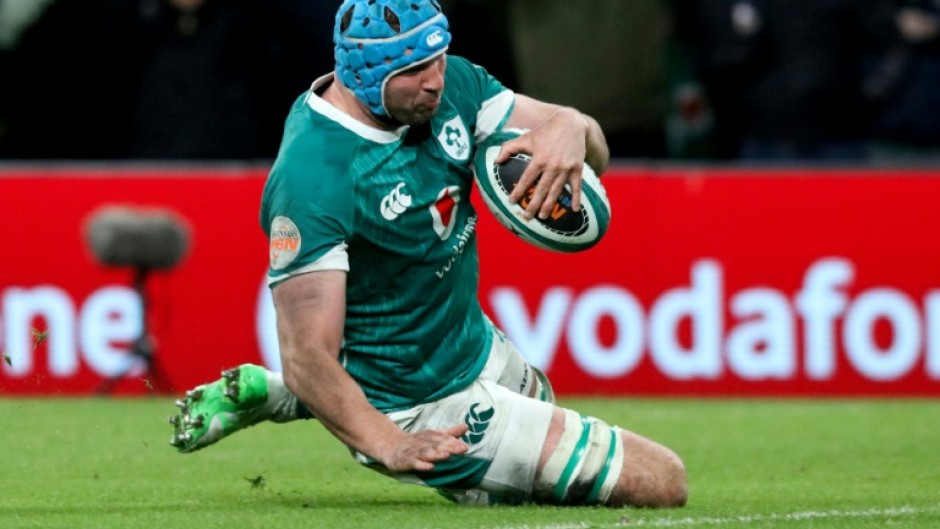Ireland forward Tadhg Beirne scores a try during the Six Nations match against England in Dublin on February 1, 2025