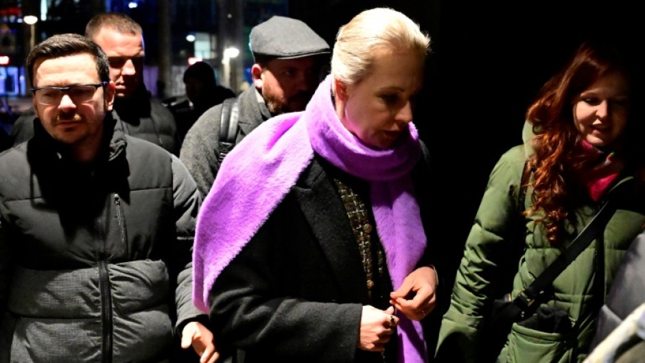 Yulia Navalnaya, widow of Alexei Navalny, arrives with Russian opposition politician Ilya Yashin to a memorial mass for the late Russian opposition leader