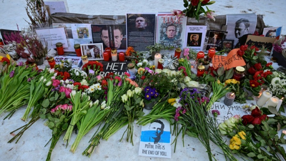 A makeshift memorial for late Russian opposition leader Alexei Navalny outside the Russian Embassy in Berlin