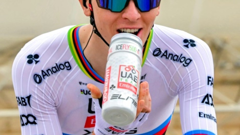 Tadej Pogacar in his distinctive world champion's rainbow jersey