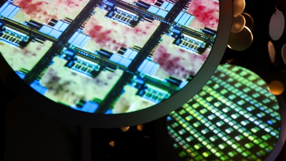 An image of an electronic wafer is displayed at the TSMC Museum of Innovation in Hsinchu 