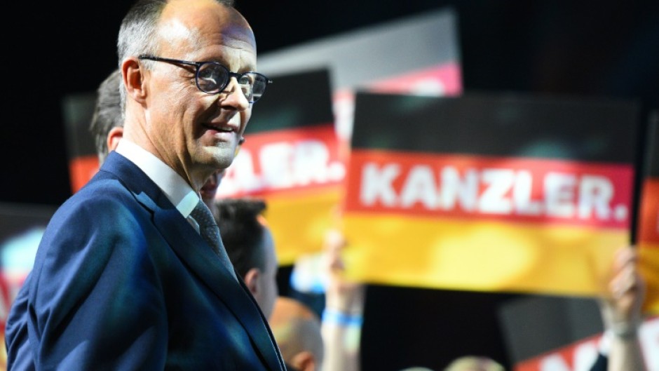 Friedrich Merz, leader of the conservative Christian Democratic Union, at an elction rally in Oberhausen, western Germany, on February 21, 2025