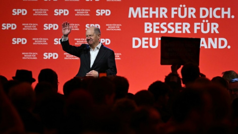 German Chancellor Olaf Scholz speaks during the last electoral rally in the Westfalenhalle in Dortmund, western Germany, on February 21, 2025