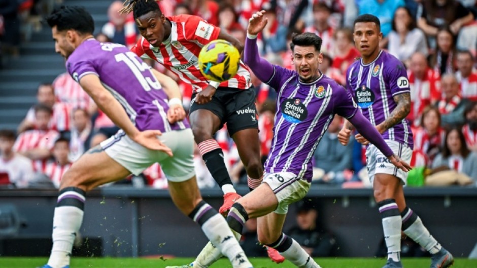 Athletic Bilbao's Spanish forward Nico Williams (2L) hit two goals as his side hammered lowly Real Valladolid