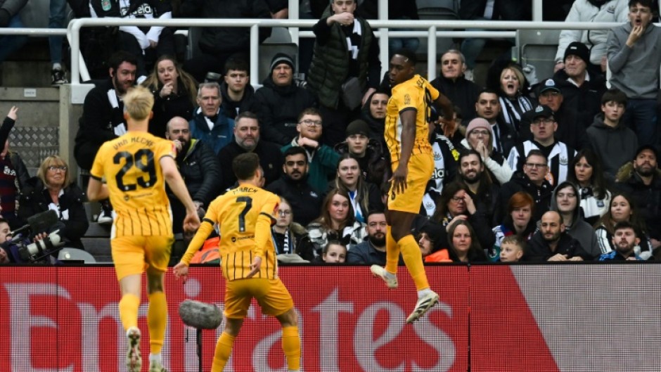 Brighton's Danny Welbeck (R) celebrates after scoring against Newcastle