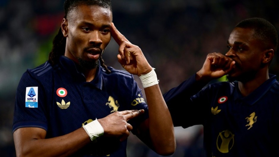 Khephren Thuram (L) celebrates after scoring Juventus' opening goal against Verona