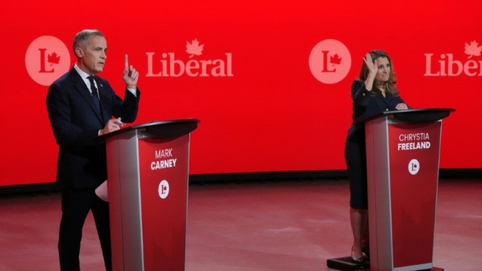 The main candidates to replace Justin Trudeau as leader of Canada's Liberals, Mark Carney and Chrystia Freeland, at a February debate
