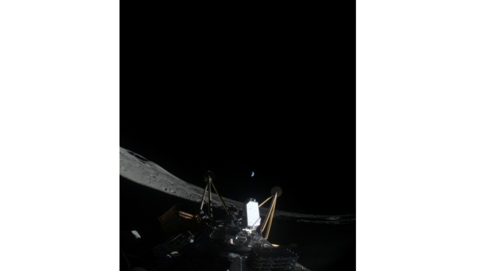 This image courtesy of Intuitive Machines LLC shows the company's Athena spacecraft on its side after landing on the Moon, on March 6, 2025