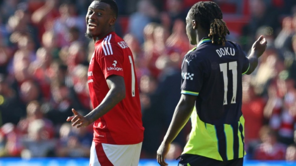 Nottingham Forest's Callum Hudson-Odoi (L) celebrates scoring against Manchester City
