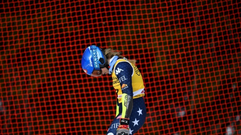 Mikaela Shiffrin reacts after skiing out in the first run of the World cup giant slalom in Are, Sweden