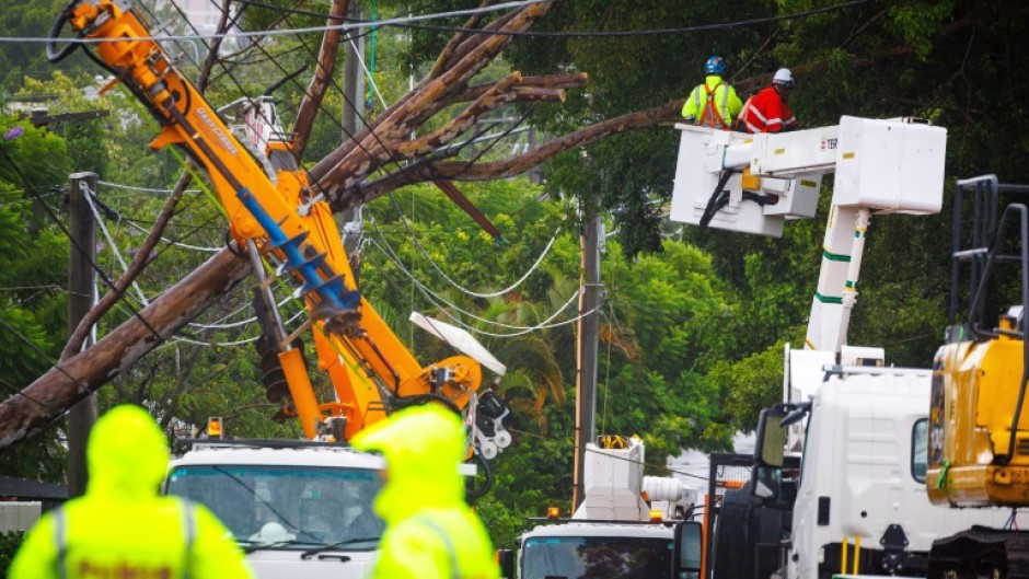 Floodwaters reach the levee walls protecting the city of Lismore on Australia's eastern coast