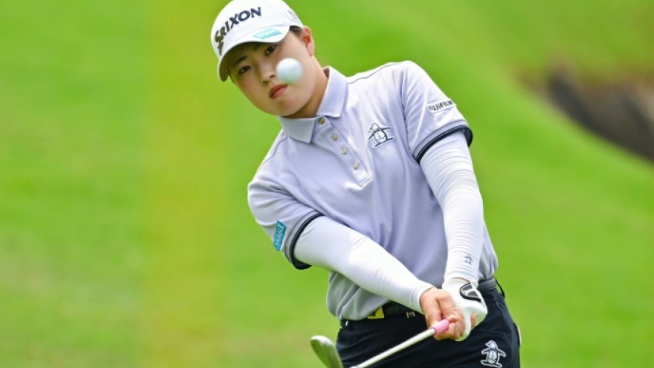 Japan’s Rio Takeda chips during the final round of the LPGA Blue Bay golf tournament at the Jian Lake Blue Bay Golf Club on March 9, 2025.