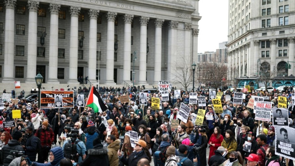 Protesters rally outside the New York courthouse where a preliminary hearing over Mahmoud Khalil's deportation was held