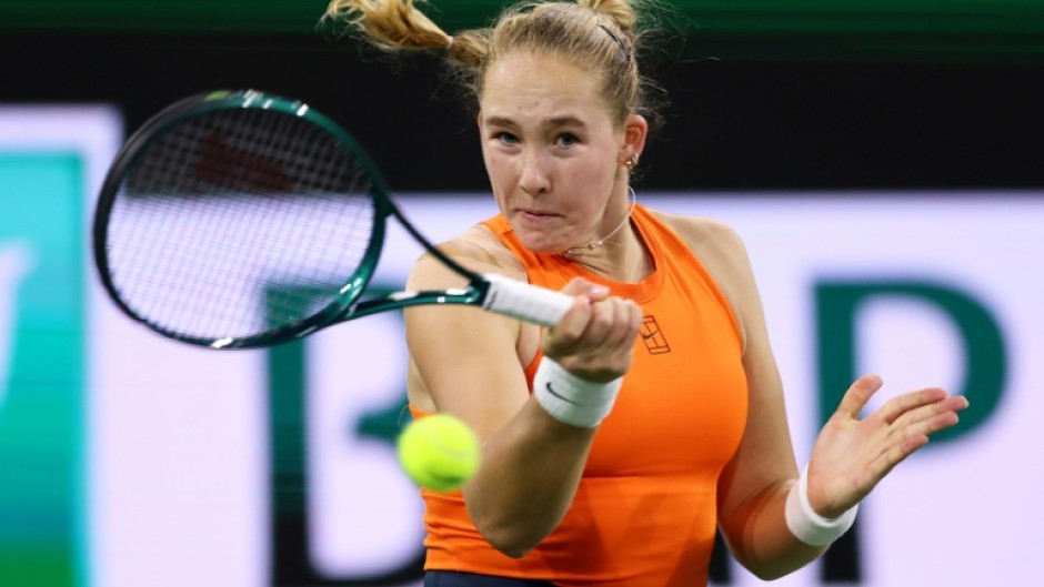 Mirra Andreeva plays a forehand in her third-round victory over Clara Tauson at Indian Wells