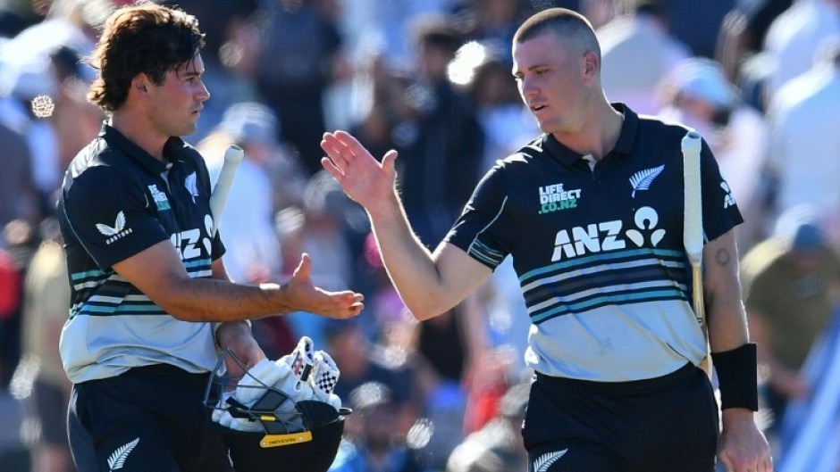New Zealand's Finn Allen (right) and Tim Robinson celebrate the win against Pakistan