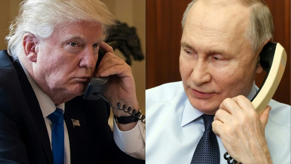 (COMBO) This combination of pictures created on March 18, 2025 shows President Donald Trump (L) on the phone on January 28, 2017 in Washington, and Russia's President Vladimir Putin (R) on the phone Moscow on December 27, 2023.
 The Kremlin said a highly-anticipated phone call between Vladimir Putin and Donald Trump will take place between 1300 GMT and 1500 GMT on March 18, 2025 and that the pair will discuss Ukraine and the "normalisation" of US-Russian ties.