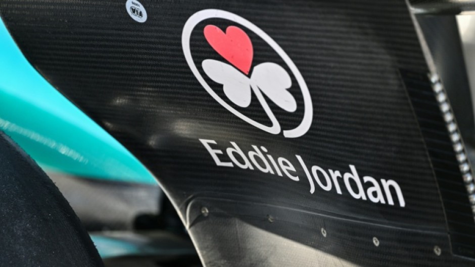 A tribute to former team owner Eddie Jordan is seen on the the wing of Aston Martin's Canadian driver Lance Stroll's car at the Chinese Grand Prix in Shanghai on Friday
