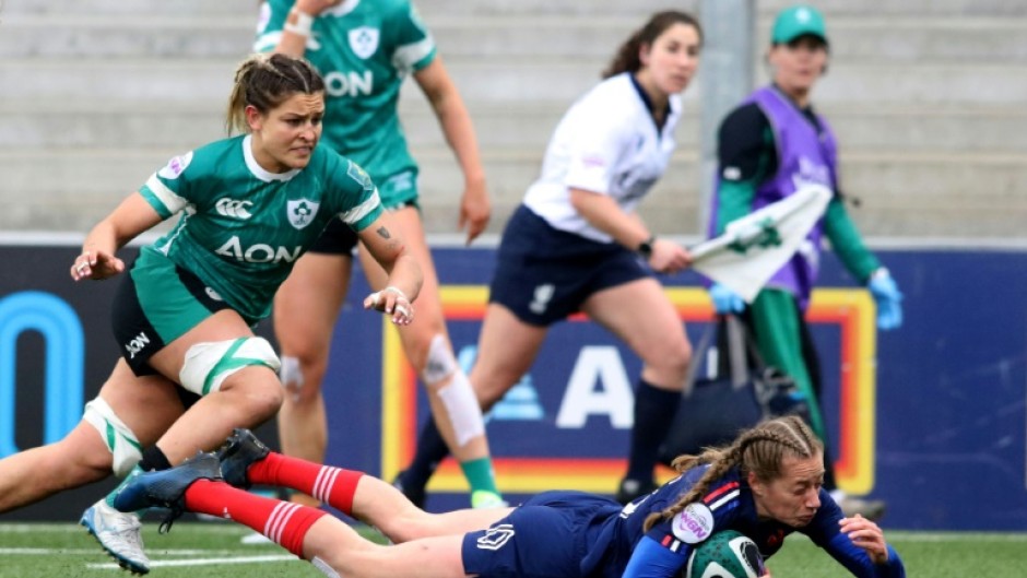 Clinching moment: Emilie Boulard scores a late try for France in their 27-15 Women's Six Nations win over Ireland in Belfast