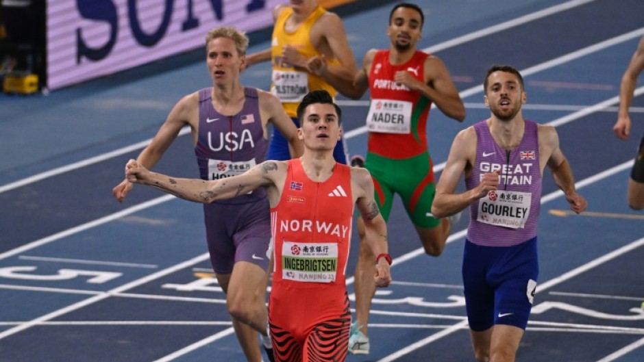 Norway's Jakob Ingebrigtsen celebrates after winning the men's 1500m final during the Indoor World Athletics Championships in Nanjing, China