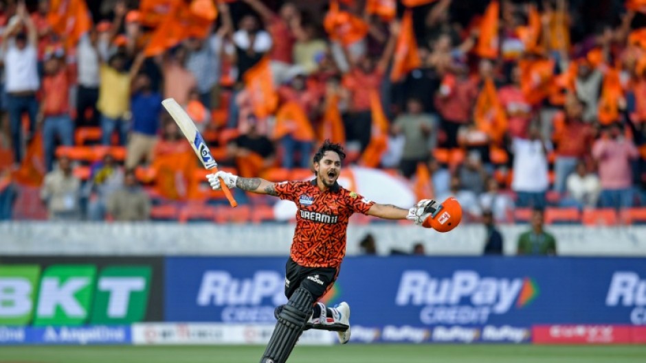 Sunrisers Hyderabad's Ishan Kishan celebrates after scoring a century during his side's defeat of Rajasthan Royals in the IPL