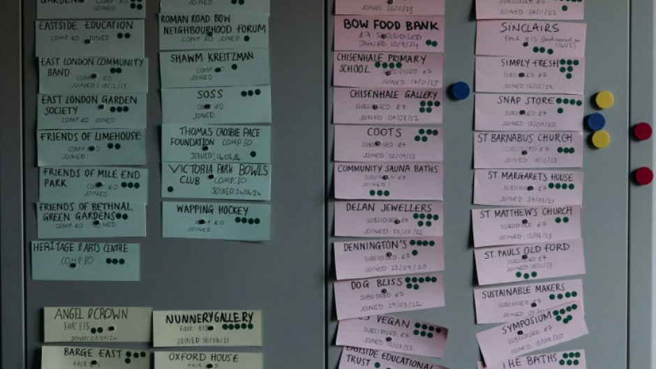 The post-its displayed on a wall at the office in east London of The Slice, local newsletters for Tower Hamlets' boroughs