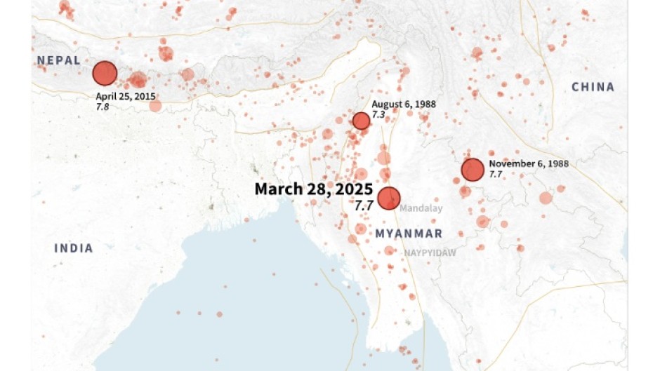 Map of Myanmar and neighbouring countries showing the location and magnitude of major earthquakes in the area since 1980