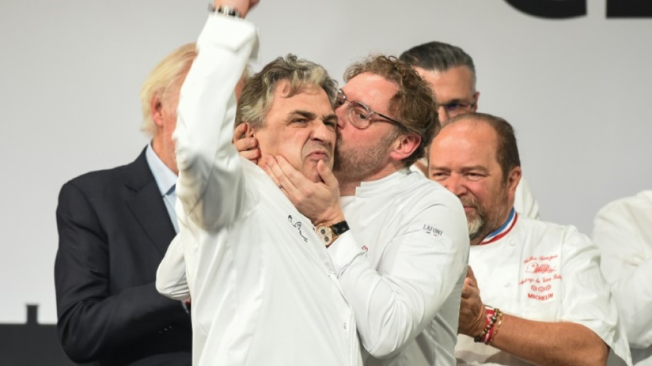 Chef Jerome Banctel celebrates earning three stars for his restaurant Le Gabriel in Paris last year