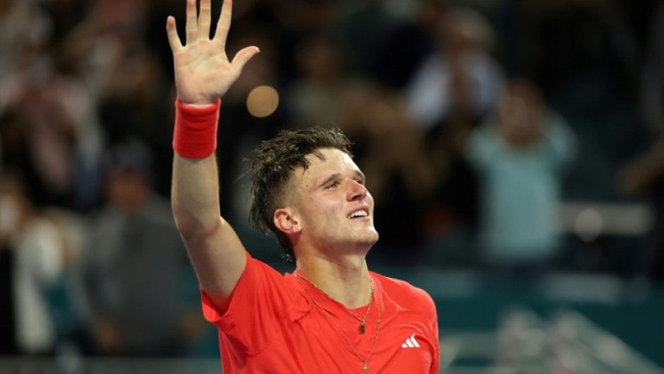 Czech teen Jakub Mensik celebrates after defeating Novak Djokovic of Serbia to win the Miami Open ATP Masters title